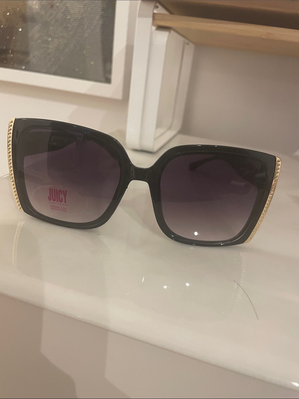 Juicy Couture Black Oversized Square Sunglasses with Gold Trim NEW